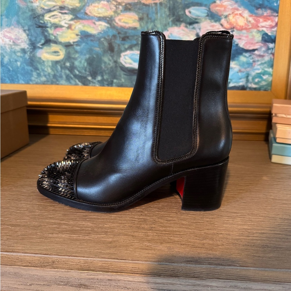 Christian Louboutin Black Leather Ankle Boots with Studded Toe